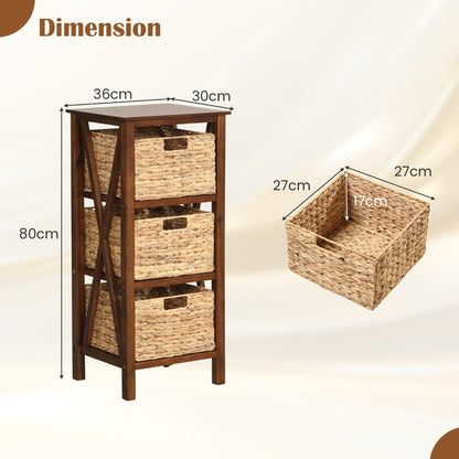 Sofa Side Table with Seagrass Baskets and Rubber Wood X-Shaped Frames and Acacia Wood Legs-Rustic Brown-3-Tier