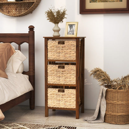 Sofa Side Table with Seagrass Baskets and Rubber Wood X-Shaped Frames and Acacia Wood Legs-Rustic Brown-3-Tier