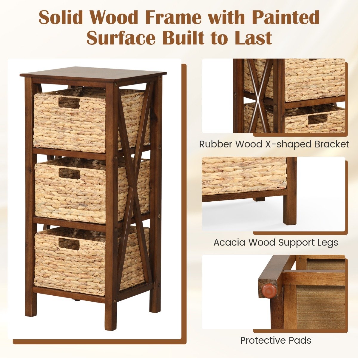 Sofa Side Table with Seagrass Baskets and Rubber Wood X-Shaped Frames and Acacia Wood Legs-Rustic Brown-3-Tier