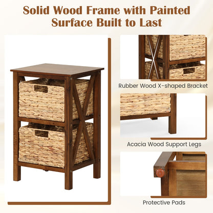 Sofa Side Table with Seagrass Baskets and Rubber Wood X-Shaped Frames and Acacia Wood Legs-Rustic Brown-2-Tier