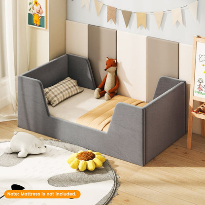 Soft Velvet Fabric Upholstered Children Floor Bed Frame-Grey