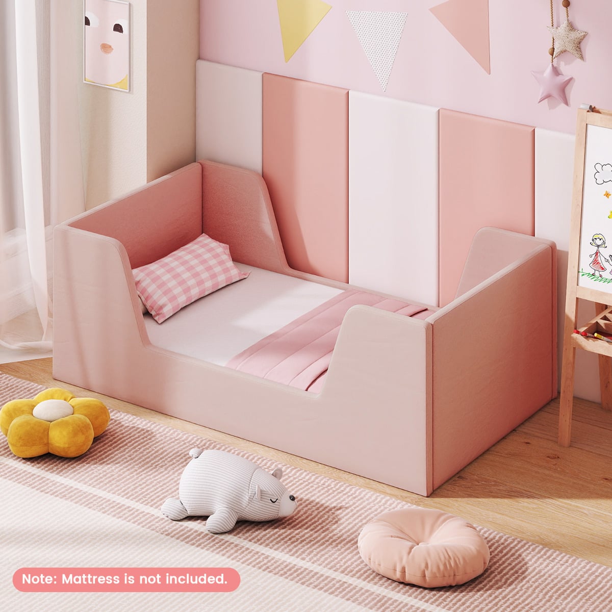 Soft Velvet Fabric Upholstered Children Floor Bed Frame-Pink