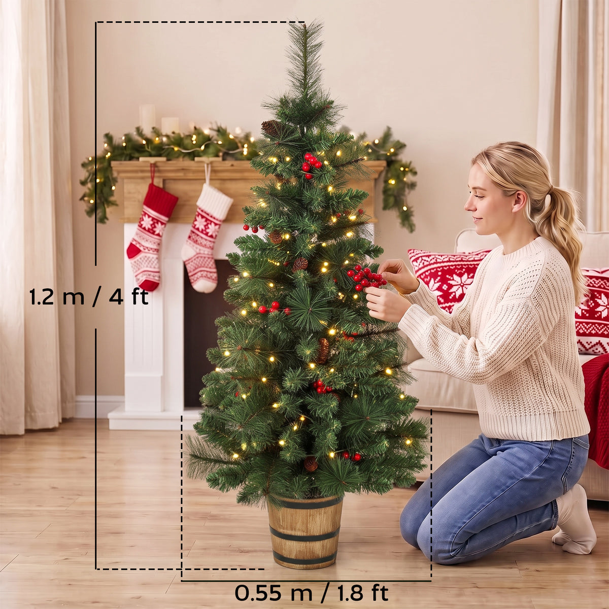 HOMCOM 2 PCs Prelit Christmas Trees with Dual-Colour LEDs, Berry, Pinecones, Battery-Operated, 11 Modes, Pot, Remote, 4ft