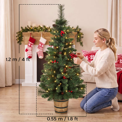 HOMCOM 2 PCs Prelit Christmas Trees with Dual-Colour LEDs, Berry, Pinecones, Battery-Operated, 11 Modes, Pot, Remote, 4ft