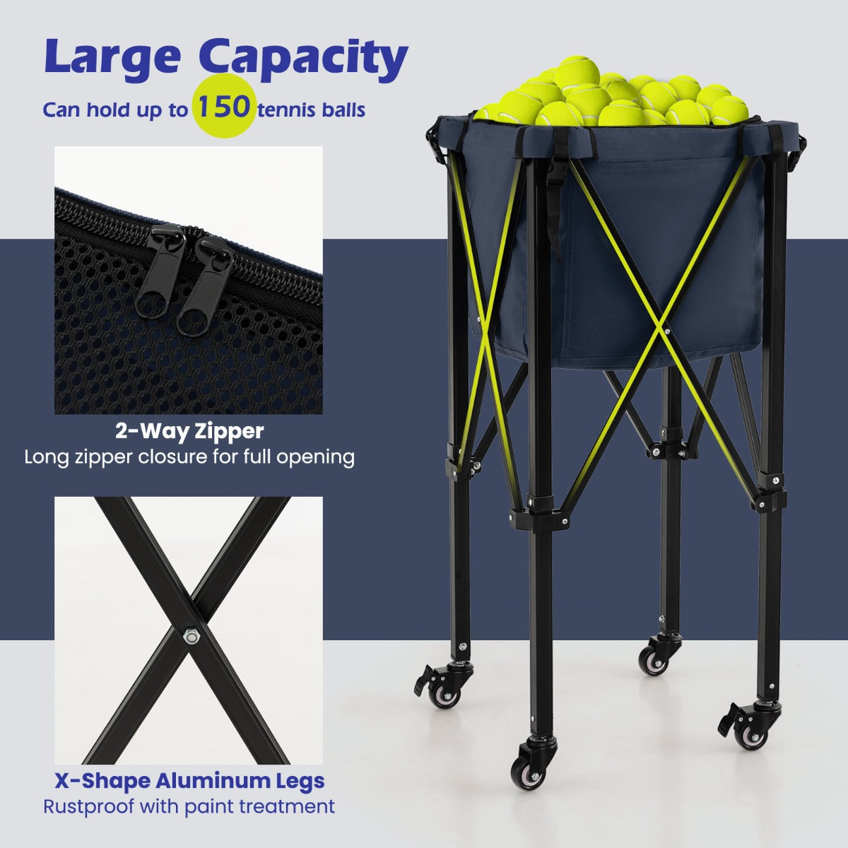 Lightweight Foldable Tennis Ball Teaching Cart with Wheels and Removable Bag-Blue