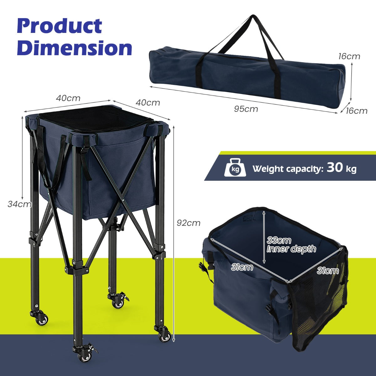 Lightweight Foldable Tennis Ball Teaching Cart with Wheels and Removable Bag-Blue