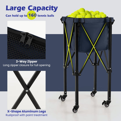 Lightweight Foldable Tennis Ball Teaching Cart with Wheels and Removable Bag-Blue