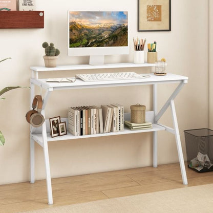 Space Saving Computer Desk with Monitor Stand and Extra Storage Shelf-White