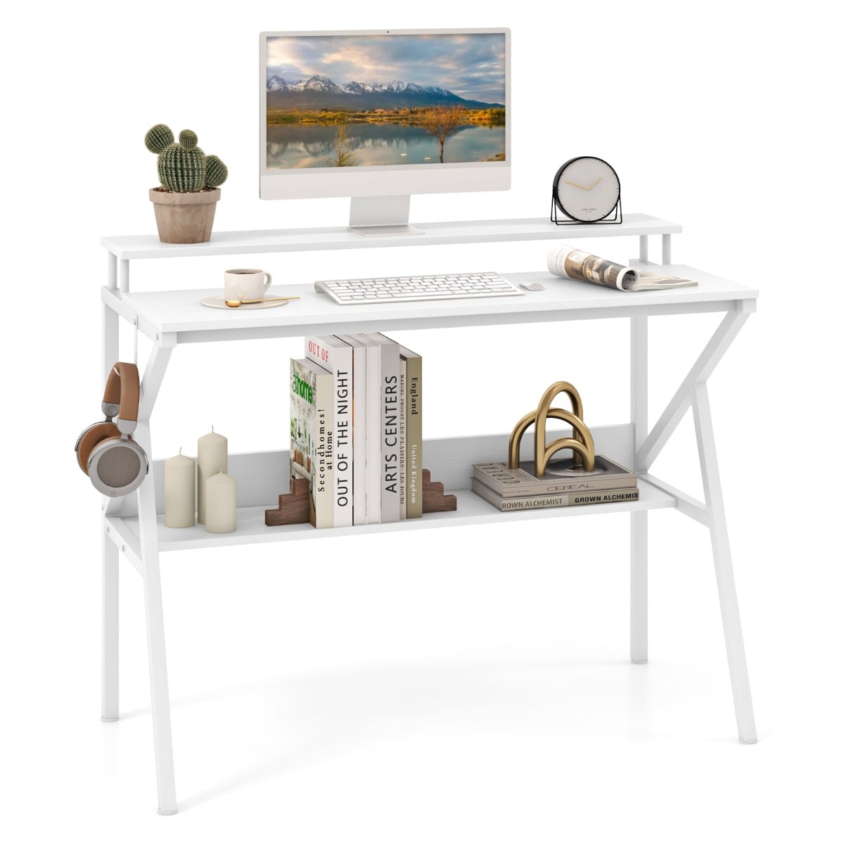 Space Saving Computer Desk with Monitor Stand and Open Shelf-White