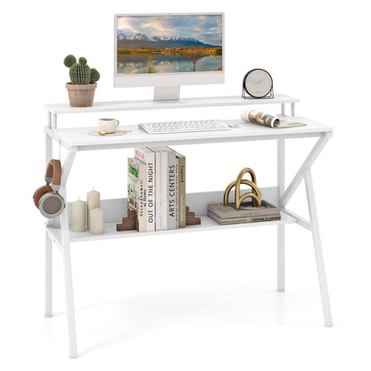 Space Saving Computer Desk with Monitor Stand and Open Shelf-White