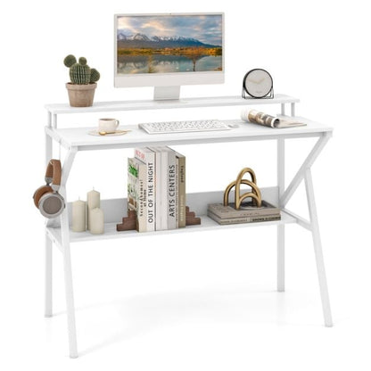 Space Saving Computer Desk with Monitor Stand and Extra Storage Shelf-White