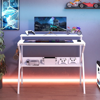 Space Saving Computer Desk with Monitor Stand and Open Shelf-White