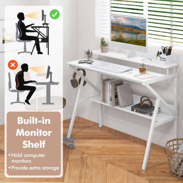 Space Saving Computer Desk with Monitor Stand and Extra Storage Shelf-White