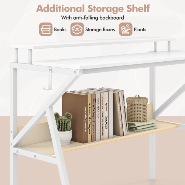 Space Saving Computer Desk with Monitor Stand and Extra Storage Shelf-White