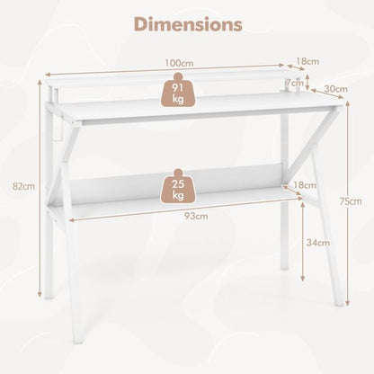 Space Saving Computer Desk with Monitor Stand and Extra Storage Shelf-White