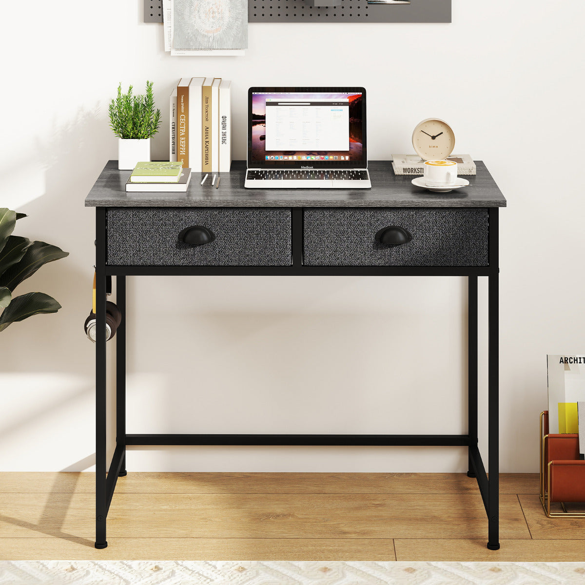 Space Saving Computer Desk with 2 Fabric Drawers-Grey