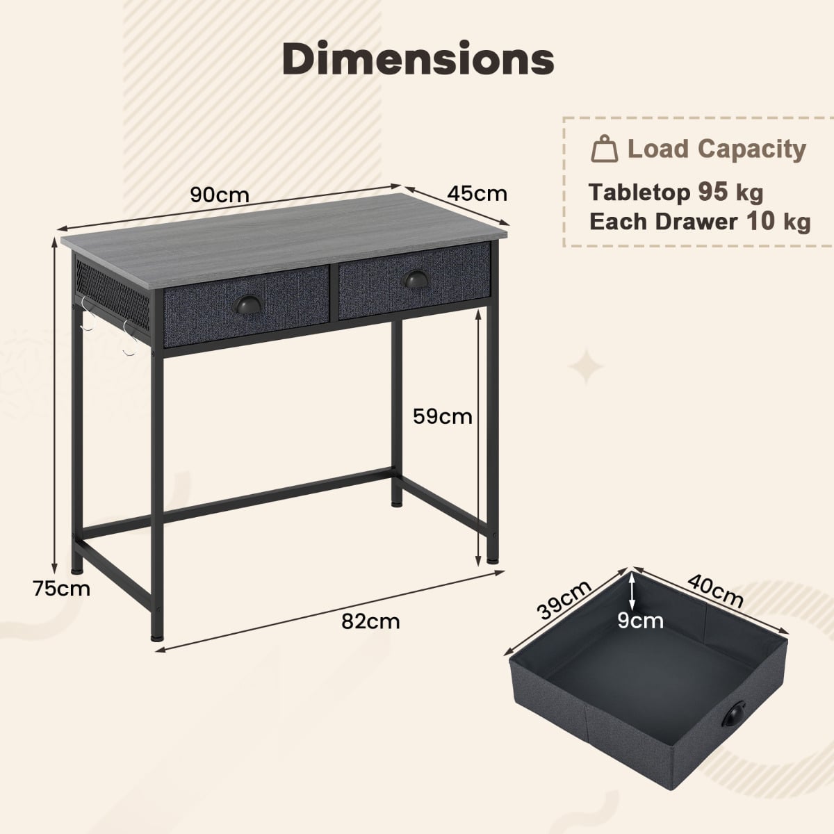 Space Saving Computer Desk with 2 Fabric Drawers-Grey