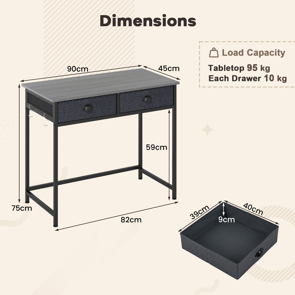 Space Saving Computer Desk with 2 Fabric Drawers-Grey