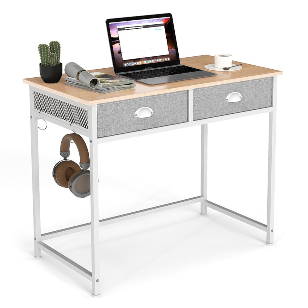 Space Saving Computer Desk with 2 Fabric Drawers-Natural