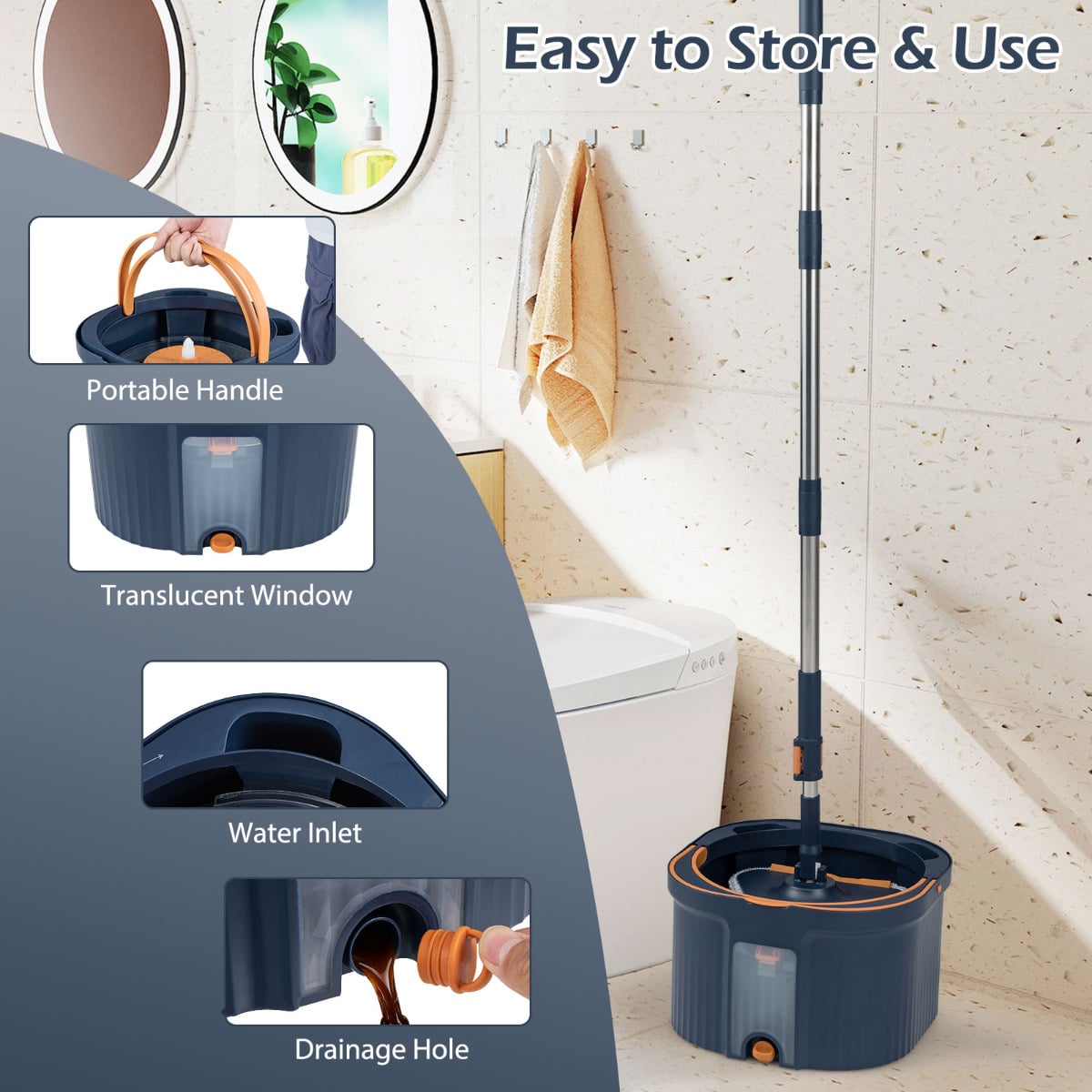 Spin Mop and Bucket Set Separation Dirty and Clean Water System-Navy