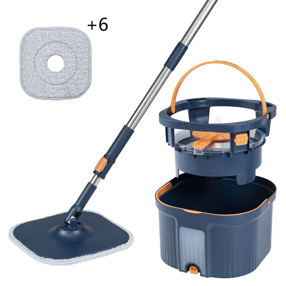 Spin Mop and Bucket Set Square with 8 Microfiber Mop Pads-Navy
