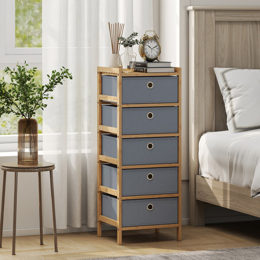 HOMCOM Chest of Drawers, 5 Fabric Drawers Narrow Dresser with Bamboo Frame, Light Grey