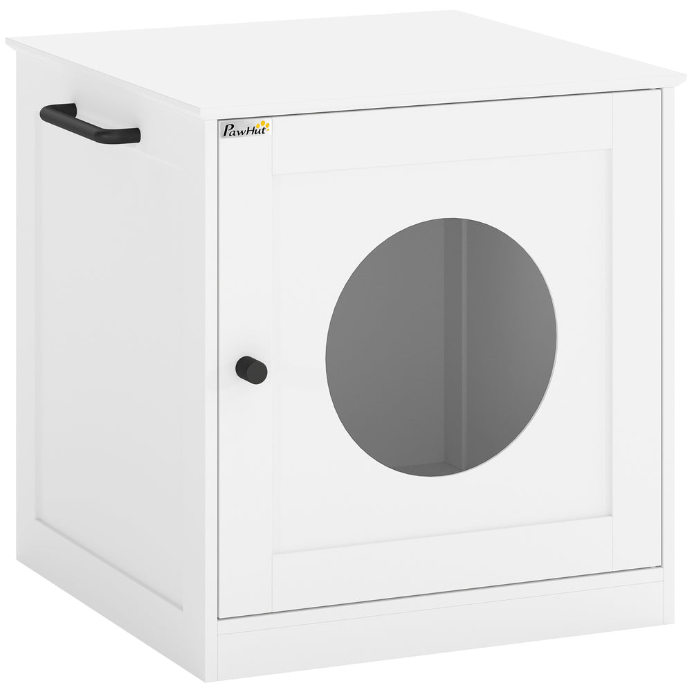 PawHut Cat Litter Box Enclosure, Hidden Litter Box Furniture with Side Hook, Wooden Cat Washroom Storage Cabinet, White