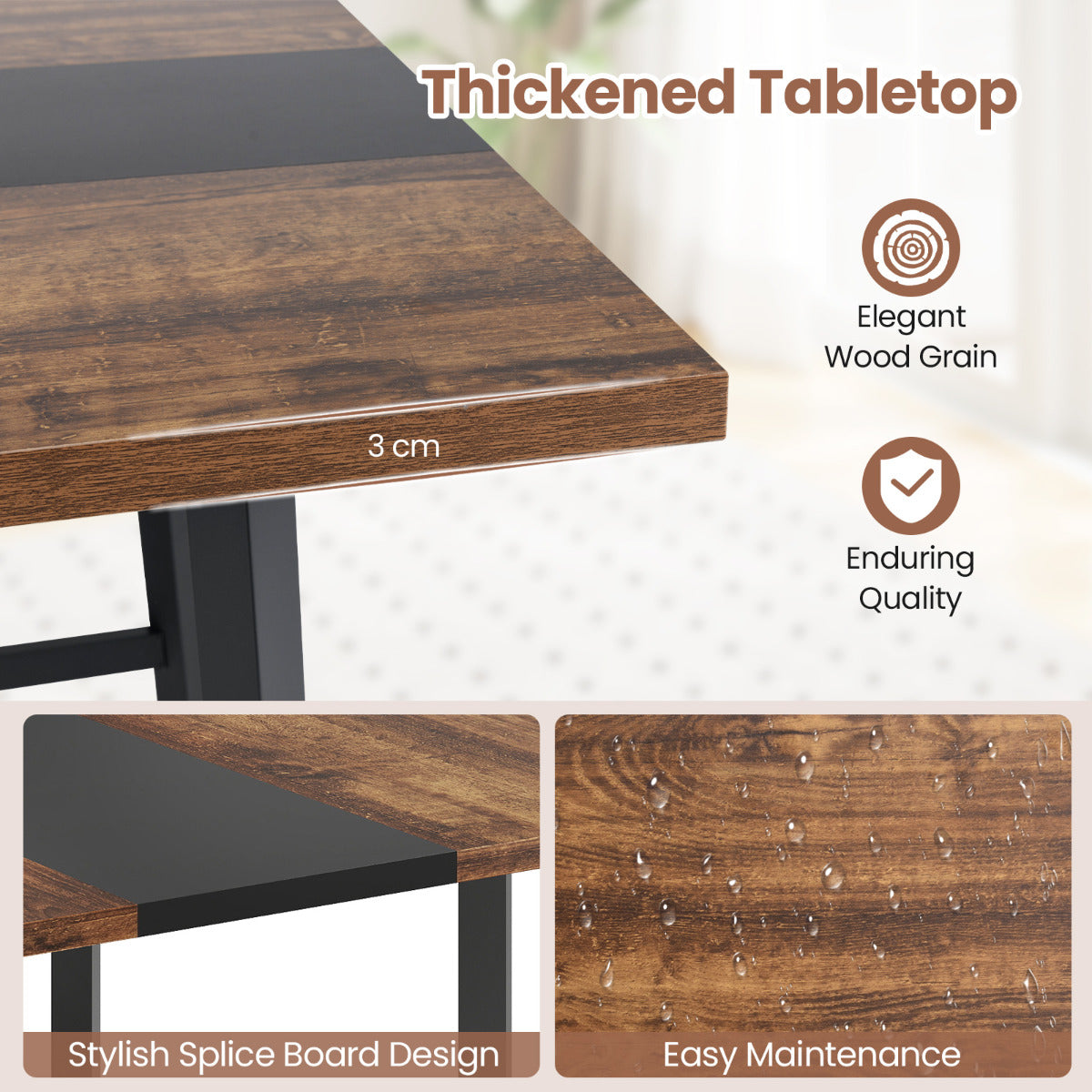Square Conference Table Meeting Room Table with Thickened Tabletop-Rustic Brown