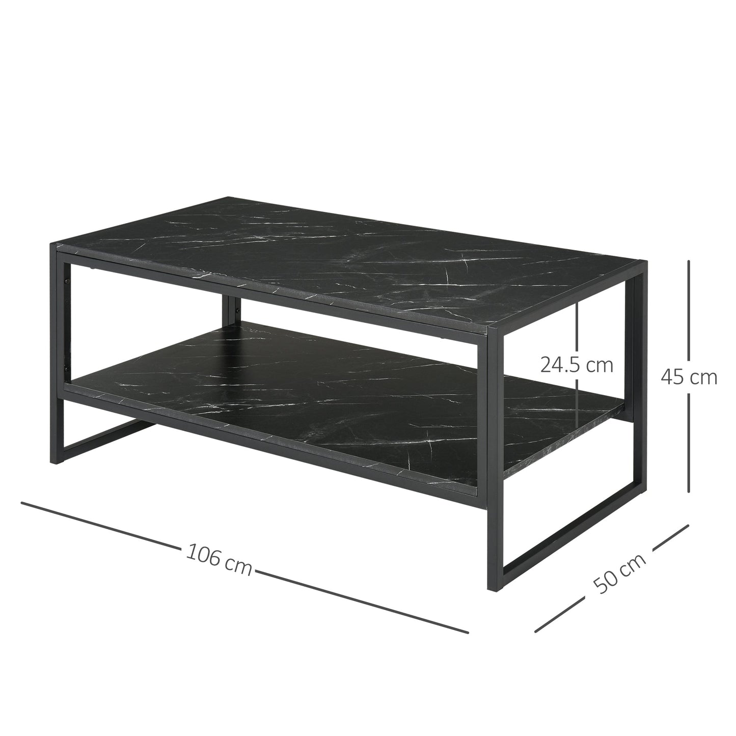 HOMCOM Coffee Table, Two-Tier Faux Marble Effect Centre Table with Metal Frame and Storage Shelf for Living Room, 106 x 50 x 45cm, Black