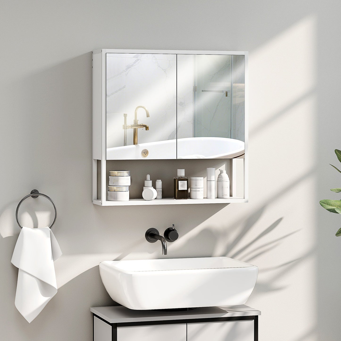 HOMCOM Bathroom Mirror Cabinet with Soft-Close Doors and Adjustable Shelf - White