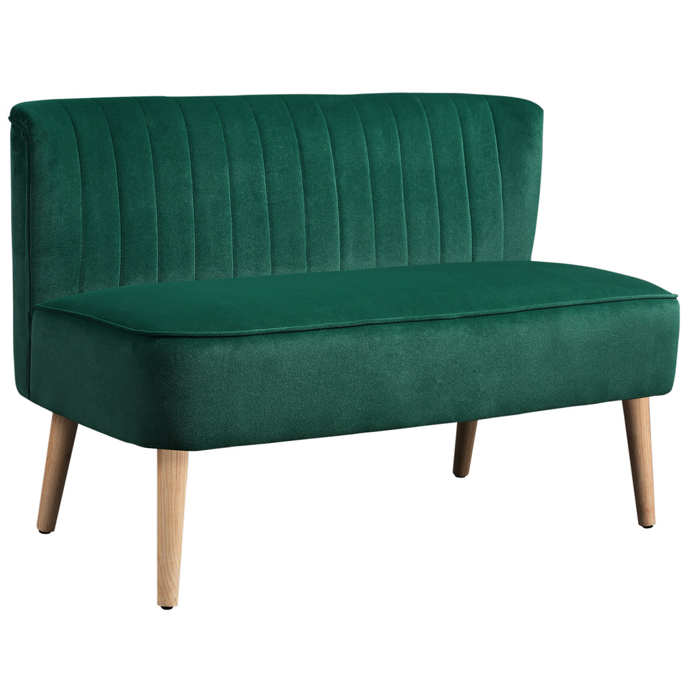 HOMCOM 117cm Loveseat Sofa Upholstered Small 2 Seater Sofa with Thick Padded Seat and Rubber Wood Legs, Dark Green