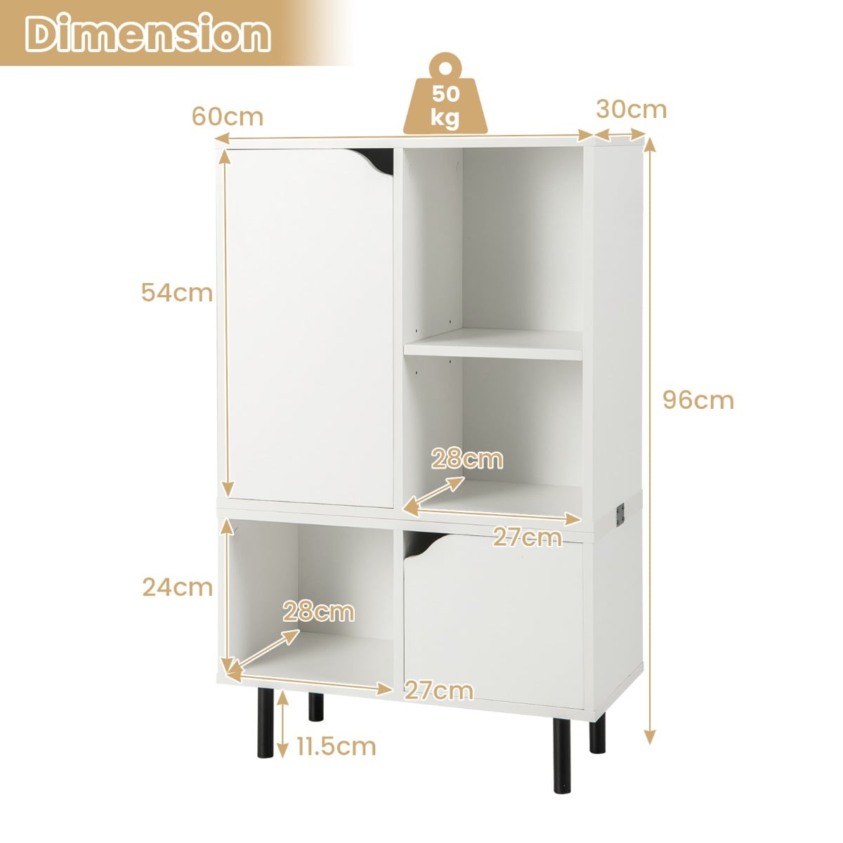Stackable Bookcase with Adjustable Shelf and Cubes for Living Room Bedroom-White