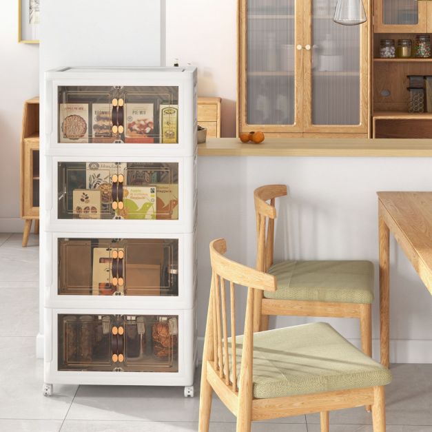 Set of 4 stackable storage boxes with lids & wheels & doors 49.5 x 31.5 x 112.5 cm