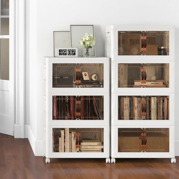 Set of 4 stackable storage boxes with lids & wheels & doors 49.5 x 31.5 x 112.5 cm