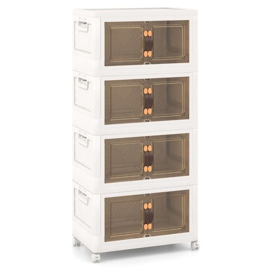 Set of 4 stackable storage boxes with lids & wheels & doors 49.5 x 31.5 x 112.5 cm