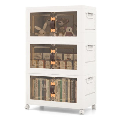 Set of 3 stackable storage boxes with lids & wheels & doors 49.5 x 31.5 x 86 cm