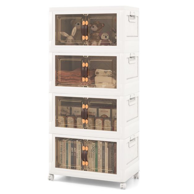 Set of 4 stackable storage boxes with lids & wheels & doors 49.5 x 31.5 x 112.5 cm