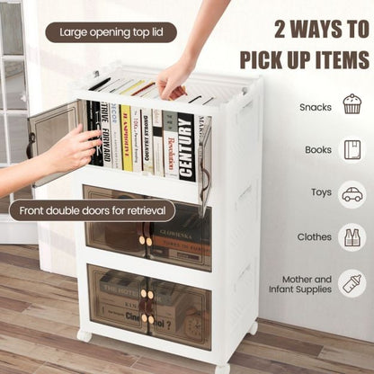 Set of 3 stackable storage boxes with lids & wheels & doors 49.5 x 31.5 x 86 cm