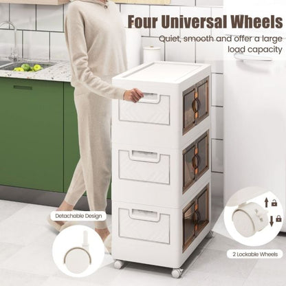 Set of 3 stackable storage boxes with lids & wheels & doors 49.5 x 31.5 x 86 cm