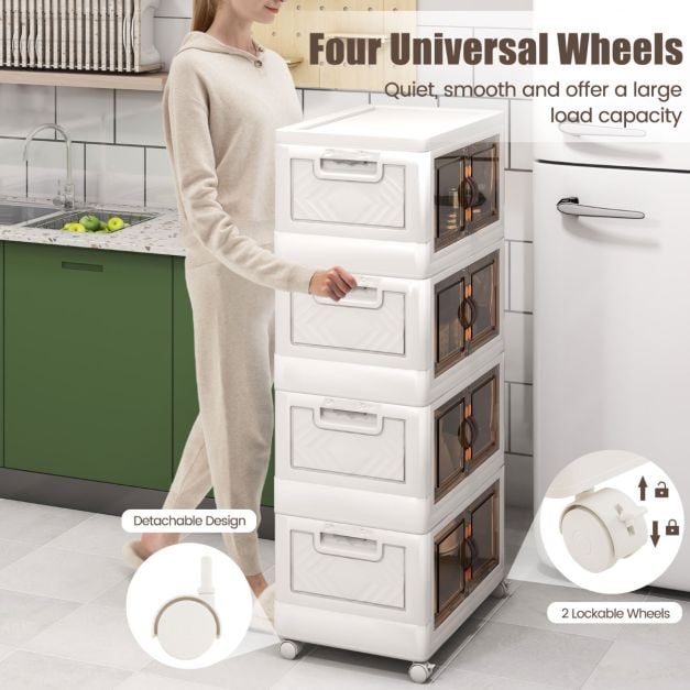 Set of 4 stackable storage boxes with lids & wheels & doors 49.5 x 31.5 x 112.5 cm