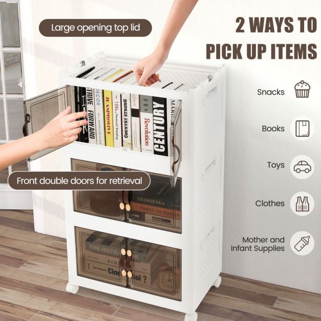 Set of 3 stackable storage boxes with lids & doors, foldable, 44.5 x 30 x 77.5 cm