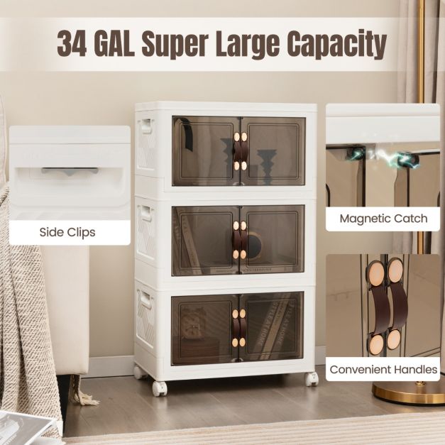 Set of 3 stackable storage boxes with lids & wheels & doors 49.5 x 31.5 x 86 cm