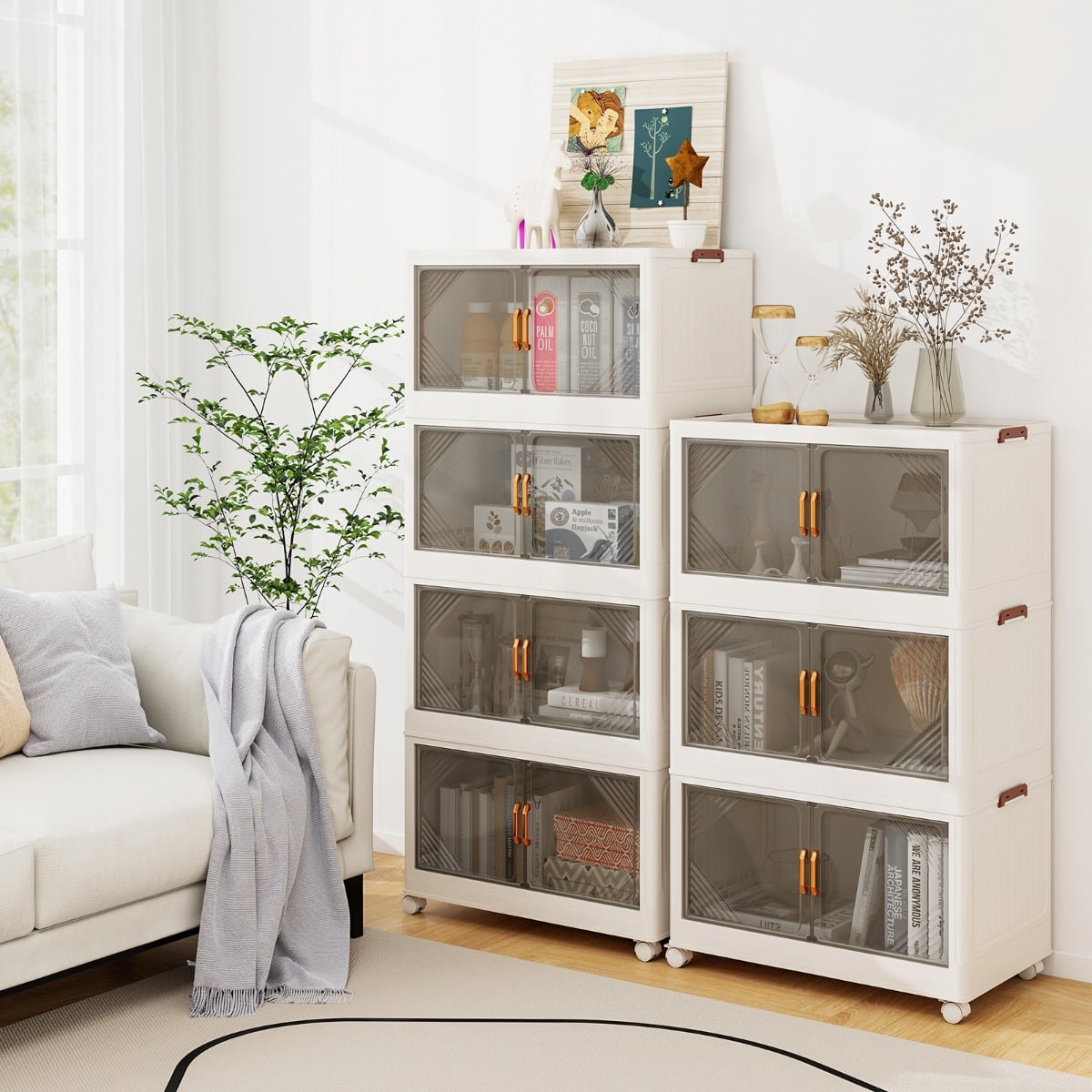 Stackable Storage Containers with Wheels and Doors for Bedroom-White-3-Tier