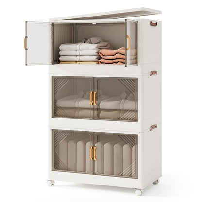 Stackable Storage Containers with Wheels and Doors for Bedroom-White-3-Tier