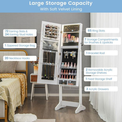 Standing Jewelry Cabinet with LED Lights Lipstick Box and 2 Drawers-White