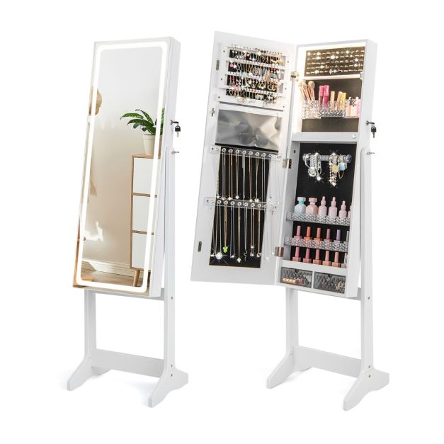 Standing Jewelry Cabinet with LED Lights Lipstick Box and 2 Drawers-White
