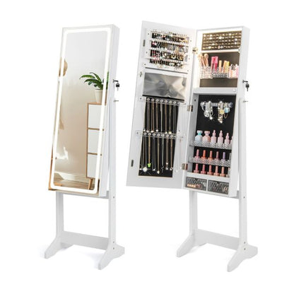 Standing Jewelry Cabinet with LED Lights Lipstick Box and 2 Drawers-White