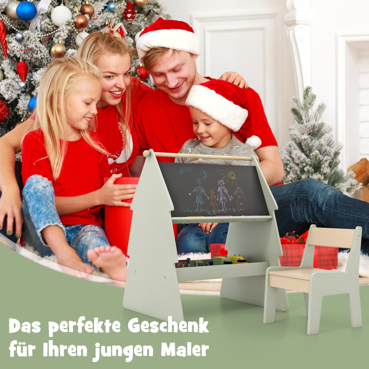 2-in-1 Double-sided Kids Art Easel with Stool and Paper Roll Holder-Green