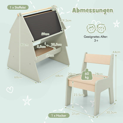 2-in-1 Double-sided Kids Art Easel with Stool and Paper Roll Holder-Green
