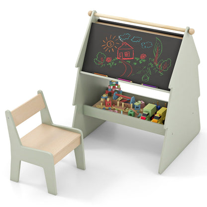 2-in-1 Double-sided Kids Art Easel with Stool and Paper Roll Holder-Green